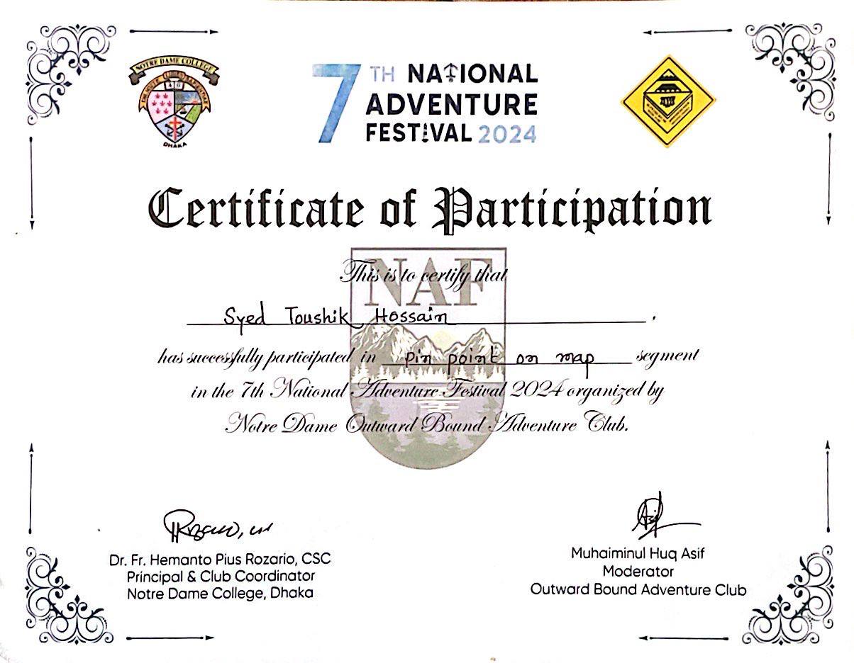 Adventure Festival certificate